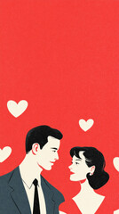 Mid century modern couple hearts lovers marriage Valentine card style background illustration retro vintage 1950s minimalist colorful design art love romance traditional Valentine's Day copy space