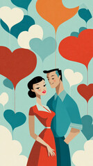 Mid century modern couple hearts lovers marriage Valentine card style background illustration retro vintage 1950s minimalist colorful design art love romance traditional Valentine's Day copy space