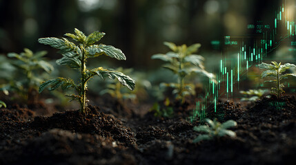 Financial growth in sustainability, with young seedlings emerging from soil, overlaid with green financial data graphs symbolizing the rise of ESG investments and ecological progress.