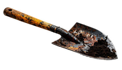 A well-used garden trowel with rust, soil, and wooden handle, set against black