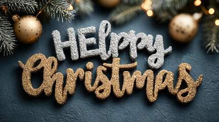 Festive holiday decoration with evergreen branches and glittery lettering.