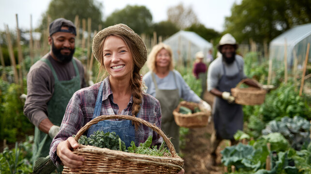 Closeup of diverse group of young organic gardeners farmers farm workers with fresh vegetables defocused community farm background 