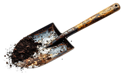 A well-used, rusty trowel with soil fill sits isolated on a black background