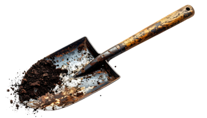 A well-used, rusty trowel with soil fill sits isolated on a black background