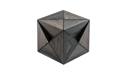 Geometric wooden sculpture with dark wood, origami-like structure, isolated on black