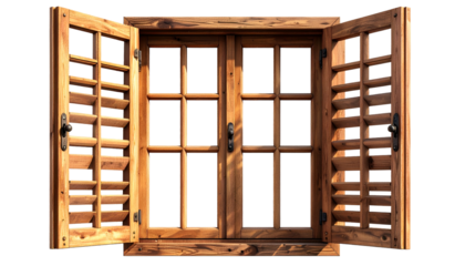 Wooden window with open shutters and multiple panes, set against a black background
