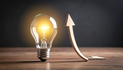 Illuminating Ideas: A brilliant lightbulb glows brightly, casting a warm light. An upward arrow signifies growth and progress, representing innovative concepts and expanding horizons. 