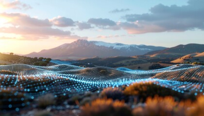 A serene landscape of rolling hills and mountains in Spain undergoing digital transformation with a network of glowing blue dots across the terrain at sunset.