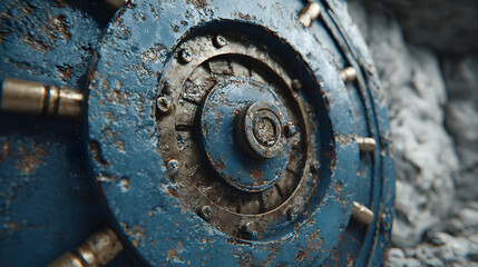 A blue spaceship with a big round old metal door. The time-worn bunker door. A shelter in case of war. The space gateway. Protection and safety. Bank safe deposit box