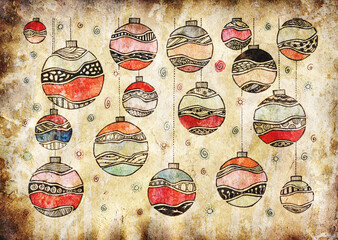 Vintage hand drawn christmas ornaments on old paper background, christmas tree decorations texture