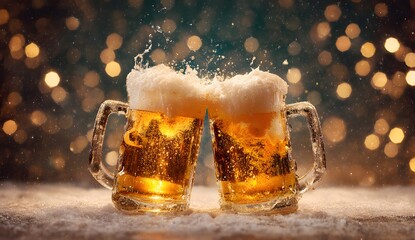 Two overflowing mugs of golden beer clinking together in a celebratory toast with a dramatic splash of foam and bright bokeh background