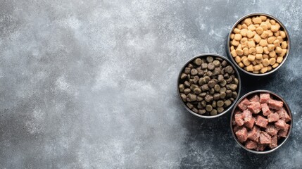 Three bowls contain various types of pet food on a gray surface. One bowl has dry kibble one has small crunchy pieces and one has wet food. This scene is simple and clean.