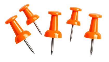 Close-up of six orange push pins, with silver needles, against a black background