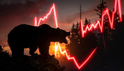 Market Bear: A powerful silhouette of a bear, symbolizes a market decline, set against a backdrop of a downward-trending stock chart, capturing the essence of economic uncertainty.