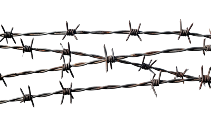 Close-up of rusty, sharp barbed wire strands against a stark black background