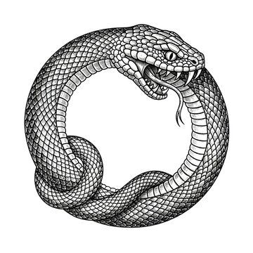 highly detailed black and white vintage engraving of the mythical ouroboros serpent forming a perfect circle, consuming its tail, isolated on a transparent background. concept of eternity and rebirth