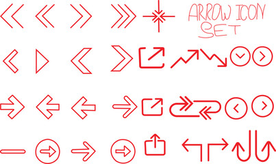 Diverse collection of simple red line art arrow icons demonstrating navigation movement direction and various interface symbols.