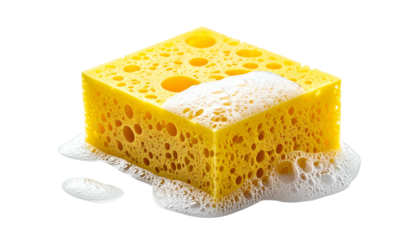 Bright yellow, porous block of foam covered in soapy suds, isolated on black