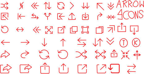 Collection of various hand drawn red doodle arrow icons representing navigation direction movement and interface symbols.