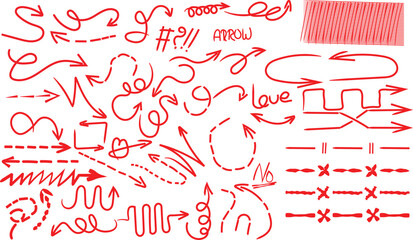 Collection of various hand drawn red doodle arrows and decorative directional symbols isolated on a white background.