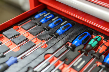 Toolset with various screwdrivers in a red toolbox organized for easy access during repair work
