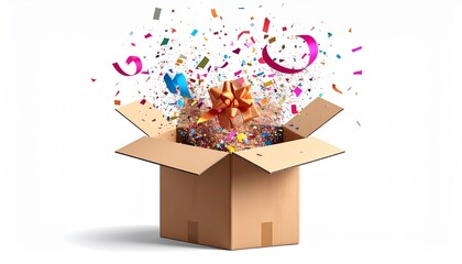 Unboxing a Celebration: A cardboard box bursts open, releasing a cascade of colorful confetti and ribbon, heralding a surprise and festive occasion.