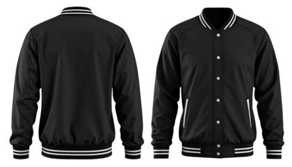 Front and back views of a black varsity jacket with white striped ribbing (1)