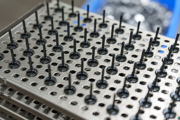 Obraz premium Metal tray holds several black pins arranged neatly in rows at a manufacturing facility during a workday