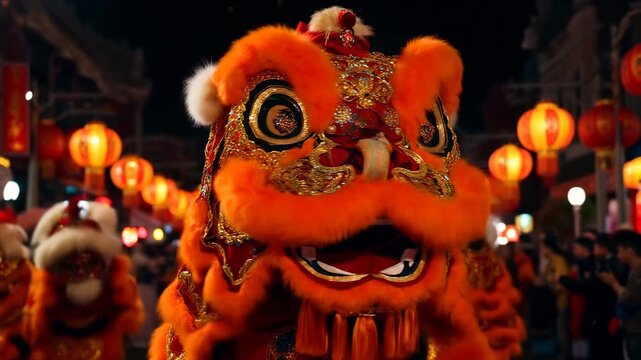 Close-up of a vibrant Chinese Lion Dance head during a night festival. Lunar New Year celebration with glowing red lanterns and fireworks in the background. Traditional Asian culture concept