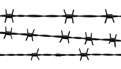 Three parallel lines of black, sharp barbed wire against a stark black background