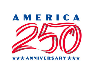 Retro logo style illustration commemorating the 250th anniversary of the American revolution with words America 250 years anniversary in ribbon with red and white stripes on isolated background.