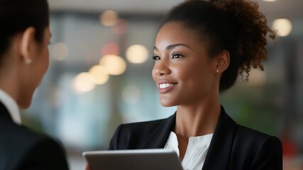Smiling businesswoman holding a tablet and listening to a colleague. Professional African American woman nodding in agreement during an office conversation. Corporate communication concept - Powered by Adobe