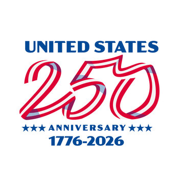Retro logo style illustration commemorating the 250th anniversary of the Declaration of Independence with words United States 250 years anniversary in ribbon with red and white stripes.