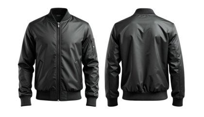 Front and back views of a shiny, black bomber jacket, isolated on black background