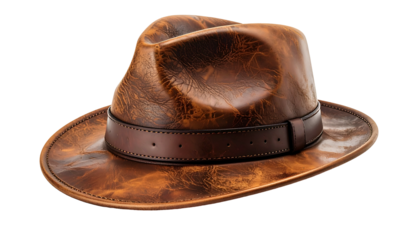 A weathered, brown leather fedora hat with a contrasting band, set against a black backdrop