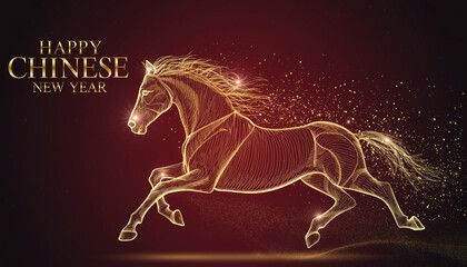 Chinese New Year Year Of The Horse Gold Line Art Illustration