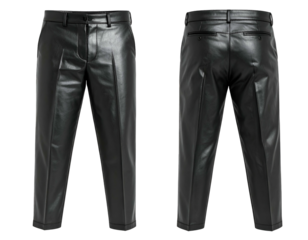 Black faux leather trousers, front and back view