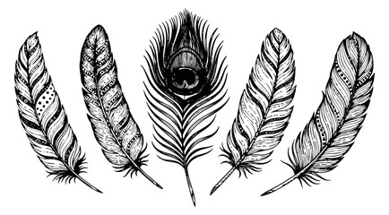 Obraz premium Hand drawn feathers set featuring various detailed avian plumes and a peacock feather for bohemian decoration