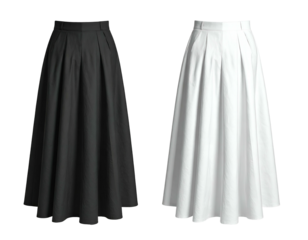 Two pleated full-length skirts, one black, one white, against black