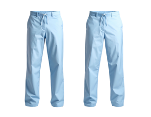 Two identical light blue casual pants laid flat against black