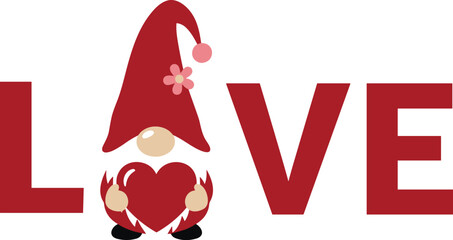 Red gnome holding heart standing between L O V E letters love Valentine's Day