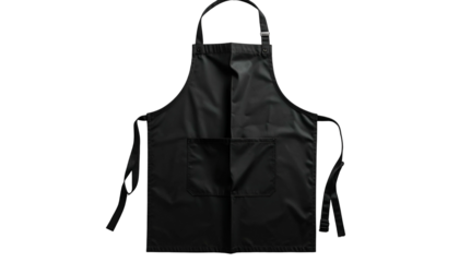 A full black apron with an adjustable neck and waist straps, front pocket