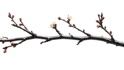 Close-up of a bare branch with delicate white blossoms and emerging buds