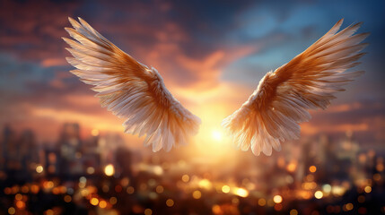 Obraz premium Wings of ambition soaring against golden horizons at dusk, metaphorical imagery, sunset backdrop, inspirational concept, defocused sky, with copy space
