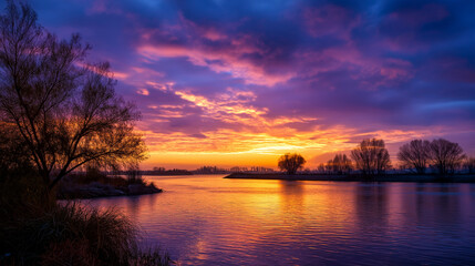 Obraz premium Vibrant sunset coloring sky and water over tranquil landscape, scenic view, evening atmosphere, natural beauty, defocused horizon, with copy space