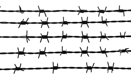 Several rows of sharp black wire fencing stretch across a dark background