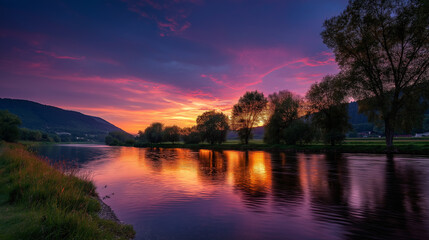 Fototapeta premium Majestic twilight over serene river reflecting vibrant skies, landscape photography, evening scene, natural beauty, defocused water, with copy space
