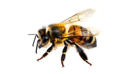 A close-up side view of a bee with translucent wings against a stark black background