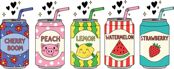 Colorful soda cans with straws and hearts cherry peach