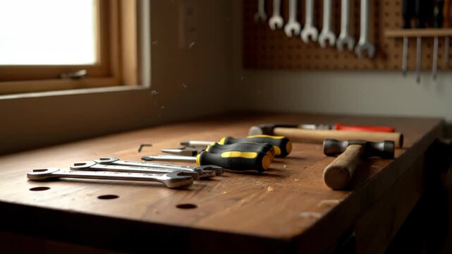 A wooden workbench with various tools scattered on top in a workshop near a window.